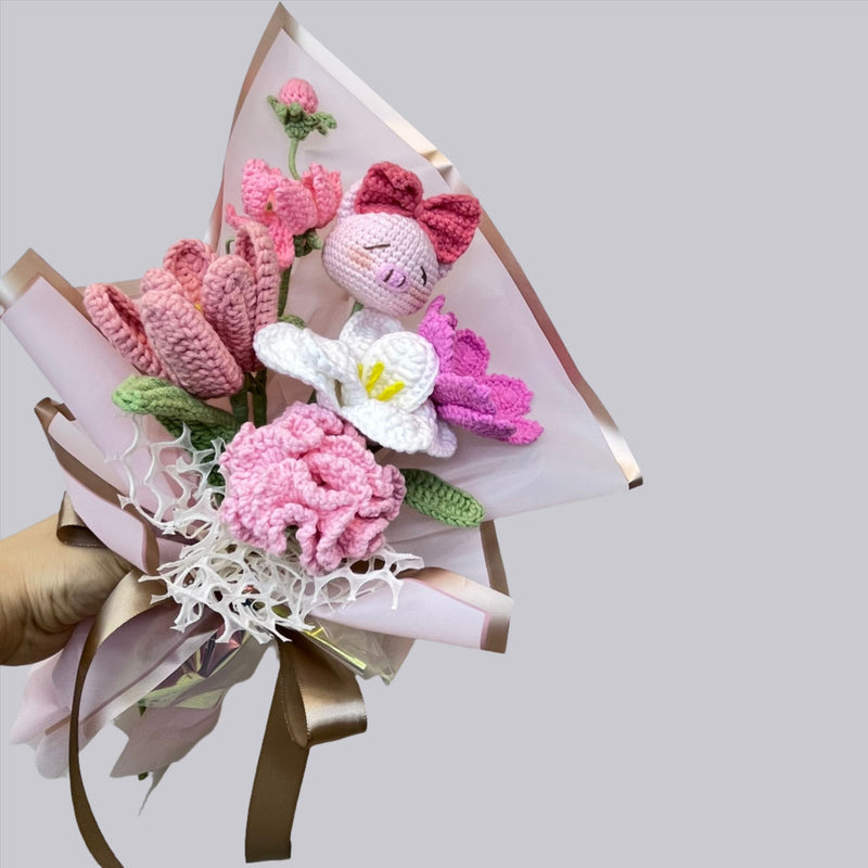 Handcrafted Crochet Flower Bouquet with Adorable Piglet Charm