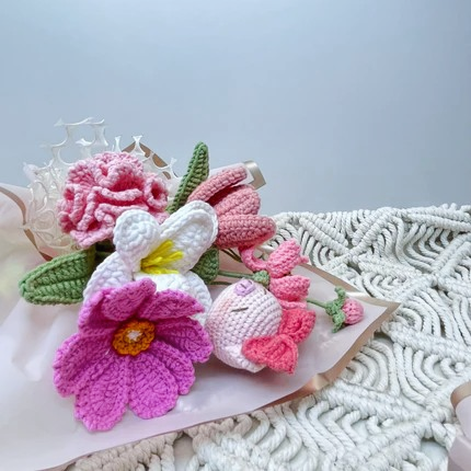 Handcrafted Crochet Flower Bouquet with Adorable Piglet Charm